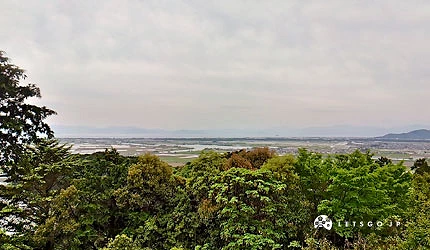从安土城迹天主台眺望琵琶湖方向,前景为绿树,湖面与远山在阴天下延伸