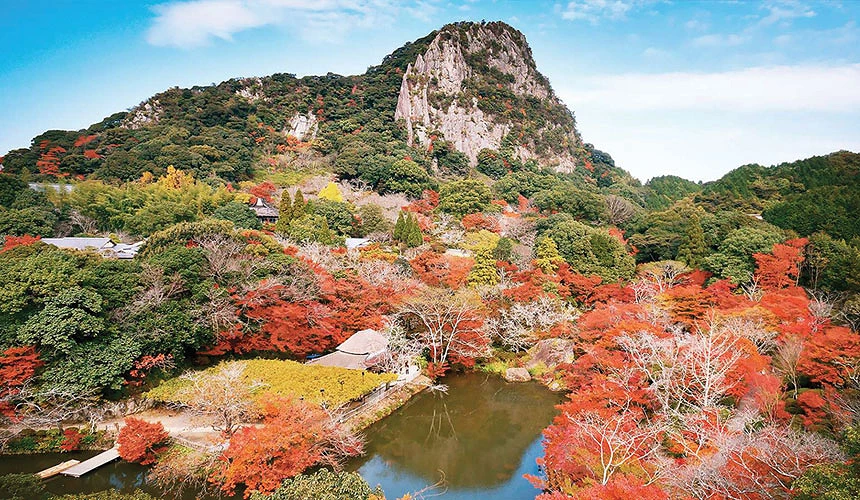 御船山乐园的全景:红、橙、黄色秋枫环绕着宁静的池塘,后方是翠绿杂木林与巍峨的岩石山峰,蓝天映衬。