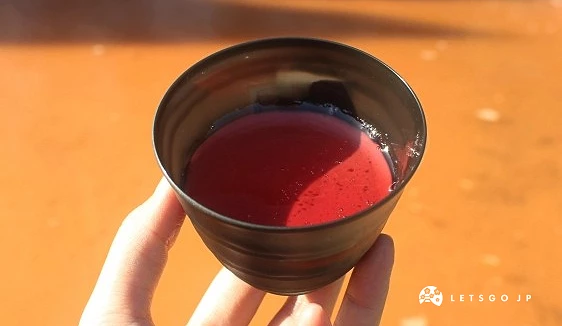 手拿血池布丁,黑色容器內裝著血紅色的布丁