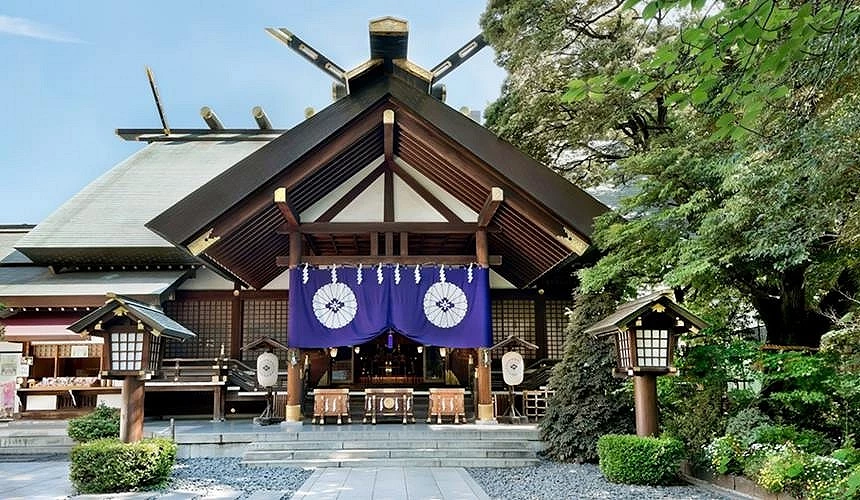 東京大神宮的正面社殿,深木色建築搭配紫色門帘,四周綠樹環繞,入口處設有傳統燈籠