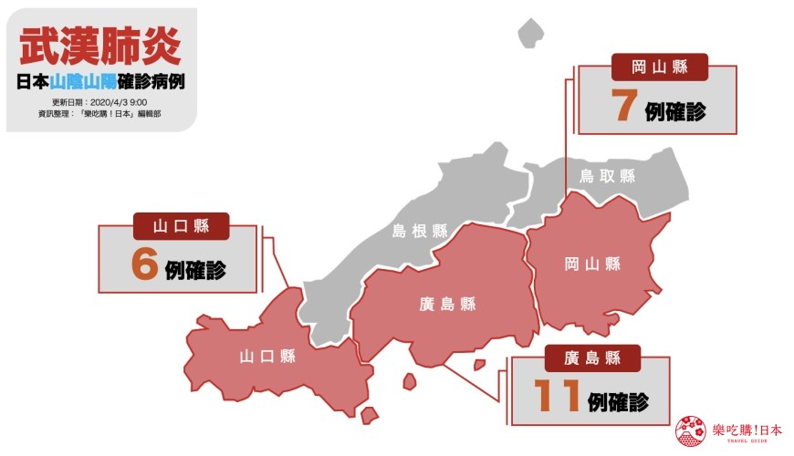 日本官方零確診2019冠狀病毒的地區是哪裡?山陰山陽地區鳥取縣、島根縣、岡山縣、廣島縣、山口縣疫情地圖