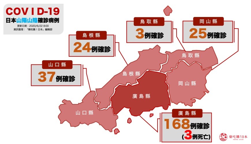 日本官方零确诊2019冠状病毒的地区是哪里?山阴山阳地区鸟取县、岛根县、冈山县、广岛县、山口县疫情地图