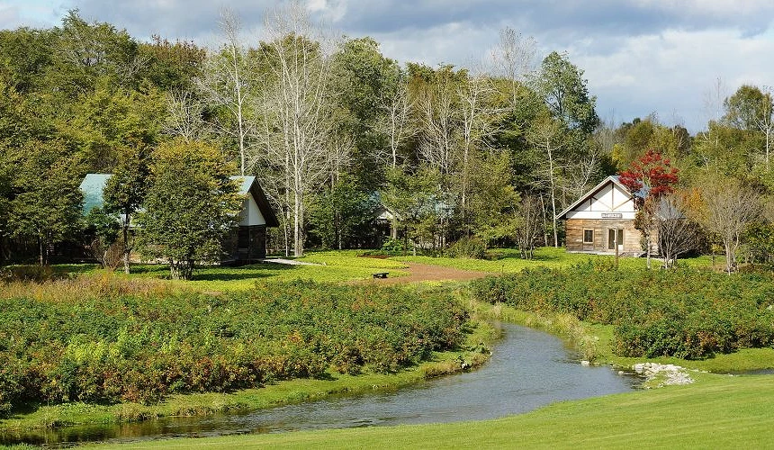 六花之森园区充满大自然气息,溪流、草地与木屋构成如画般的北海道田园风景,非常适合散步与拍照