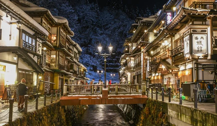 银山温泉夜景,河道两侧木造旅馆与桥上行人的街景