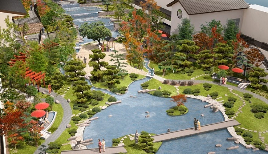 1,000坪的空間打造成大型空中庭園,裡面有天空足湯、男女溫泉、岩盤浴、吃腳皮魚療,還有千本鳥居、水洗弁天像等拍照打卡景點