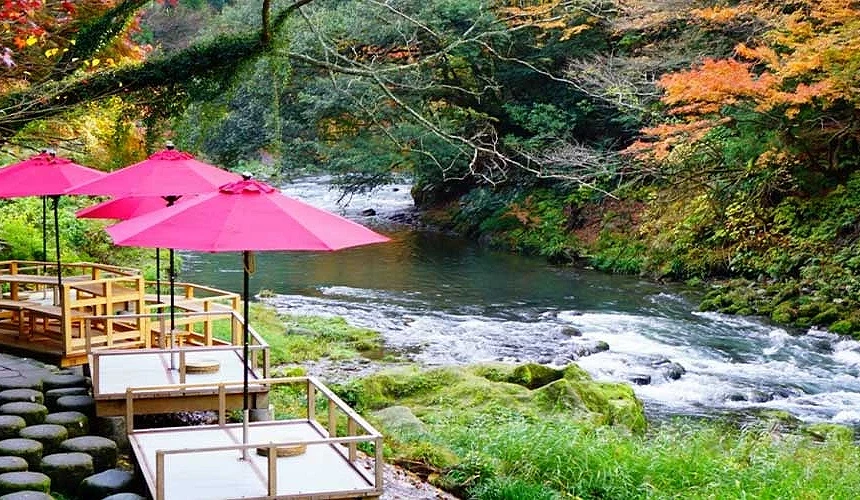 石川县加贺市鹤仙溪秋季景观,河畔红叶缤纷,和风座席搭配红色纸伞映照溪流,展现山间幽静之美
