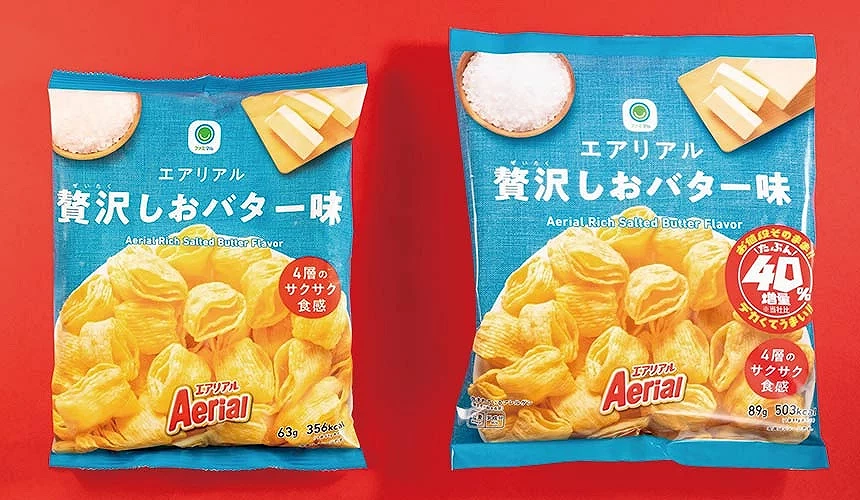 左边为平常大小的玉米脆饼、右边的尺寸较大,为增量40%的玉米脆饼