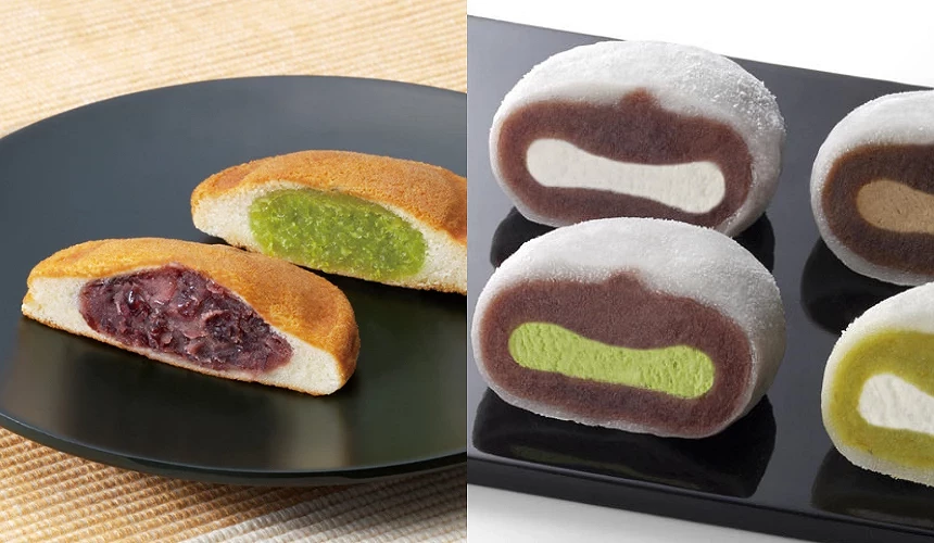 红豆、毛豆口味的千日饼(左)、生奶油、福吉茶、抹茶、毛豆,共4种口味的大福(右)