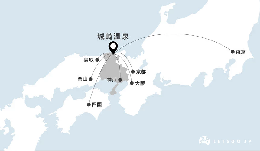 城崎温泉与各地的相关地理位置图