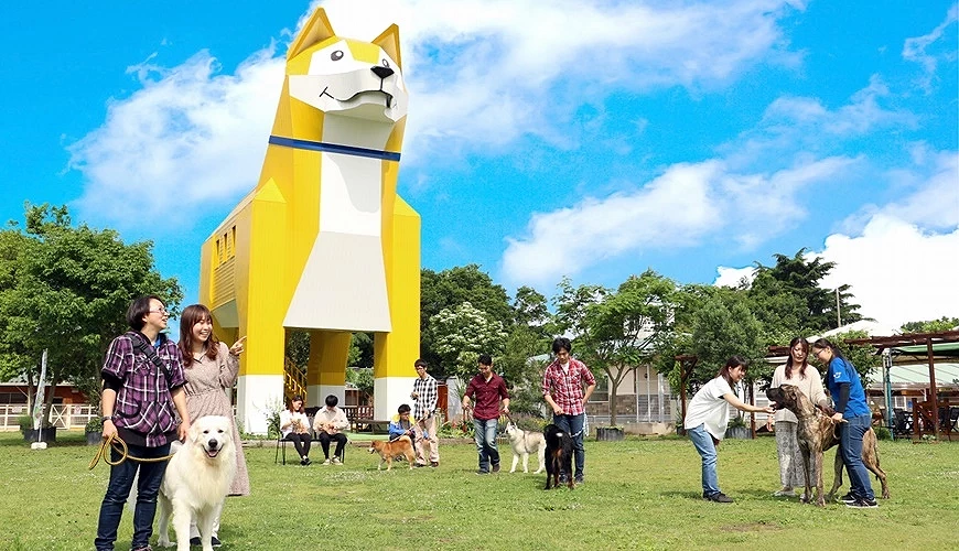 有九位路人在筑波狗狗樂園,後方有個大型的木造犬型展示