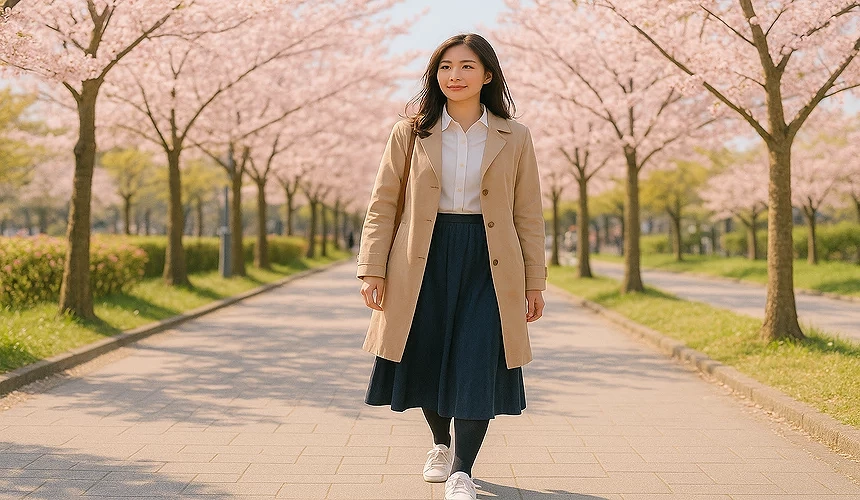 一名女子穿著風衣及長裙裝走在櫻花路上