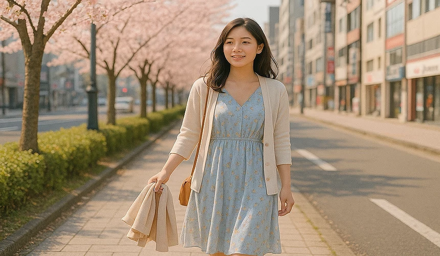 一名女子穿著淺藍色洋裝走在路上