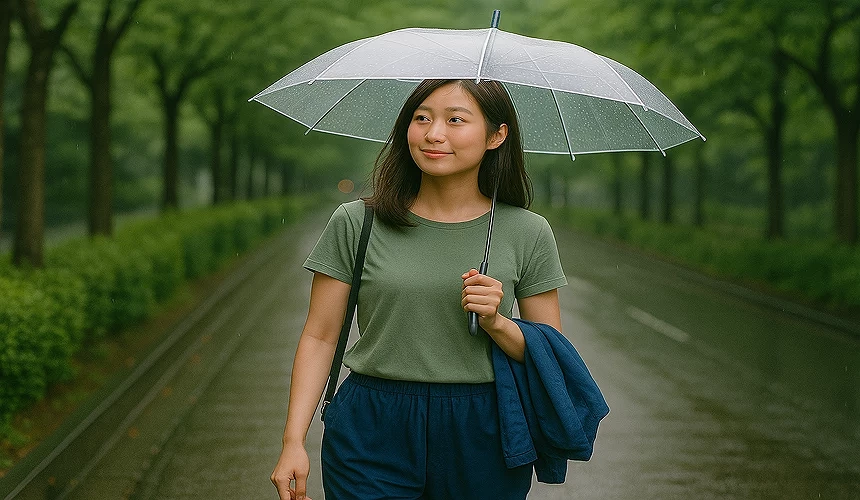 一名女子穿著短袖撐傘走在路上