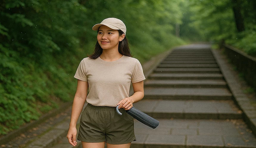 一名女子穿著短袖手拿折疊傘走在路上