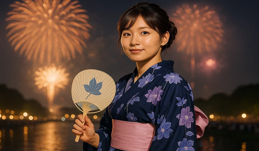 一名女子穿著浴衣站在煙火前