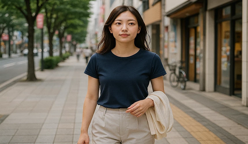 一名女子穿著藍色短袖衣服走在路上