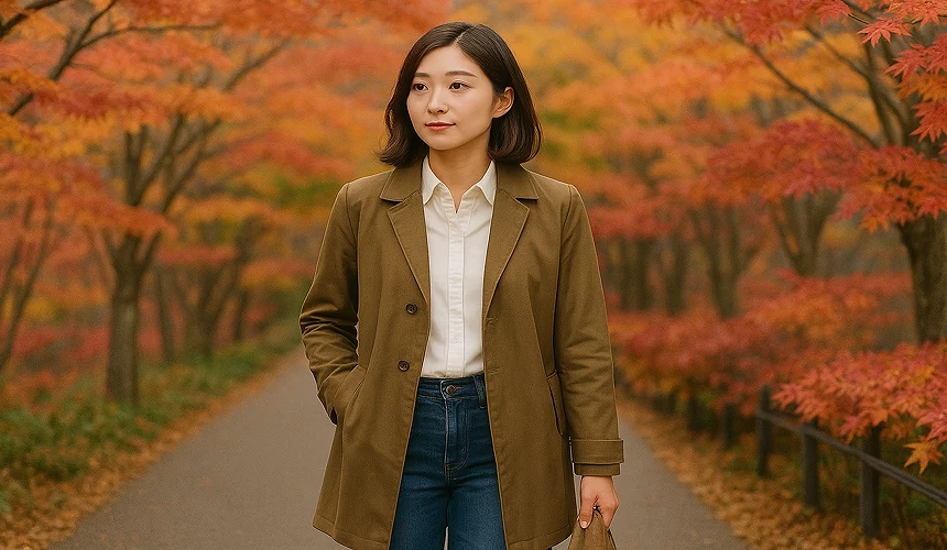 一名女子穿著秋冬衣服走在路上