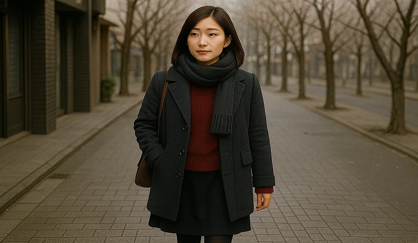 一名女子穿著秋冬衣服走在路上