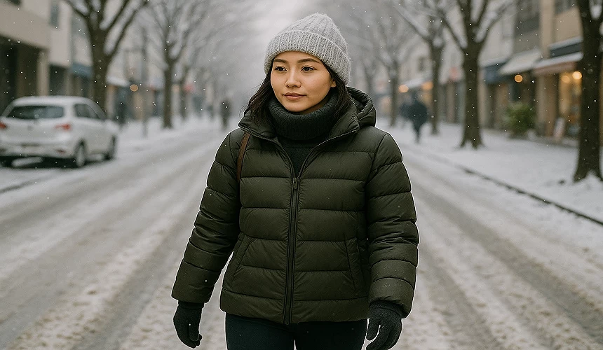 一名女子穿著冬天羽絨服及圍著圍巾走在路上