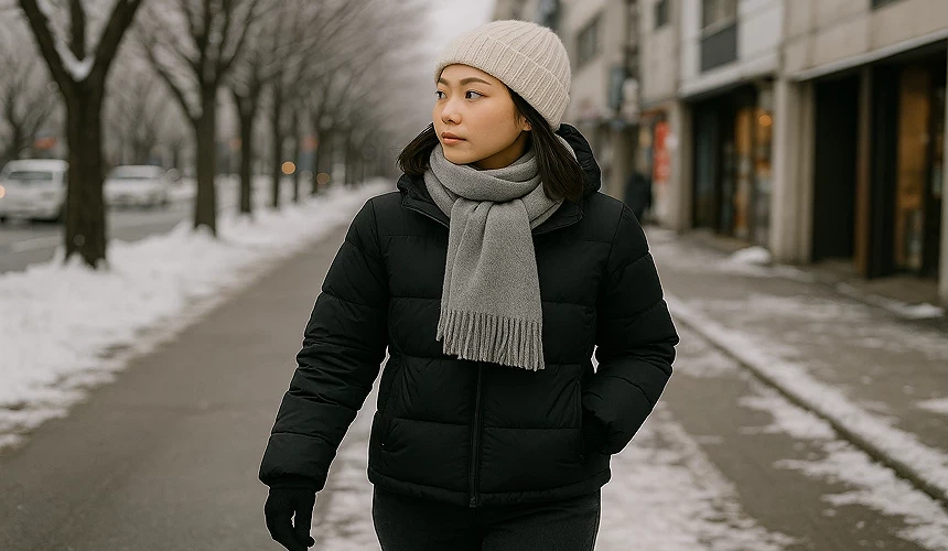 一名女子穿著冬天羽絨服及圍著圍巾走在路上