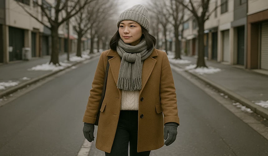 一名女子穿著冬天羽絨服及圍著圍巾走在路上