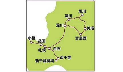 札幌富良野區域鐵路周遊券,使用範圍示意圖