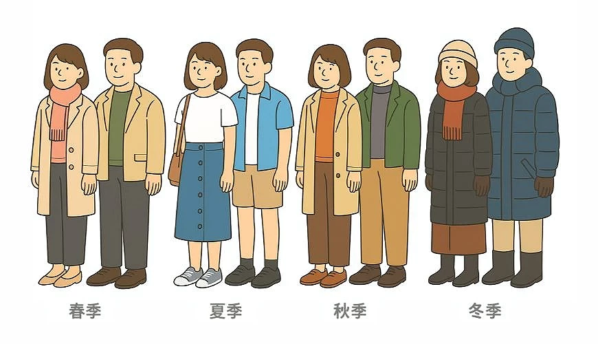 旭川的四季穿着建议,一对男女由左至右从春夏秋冬示范