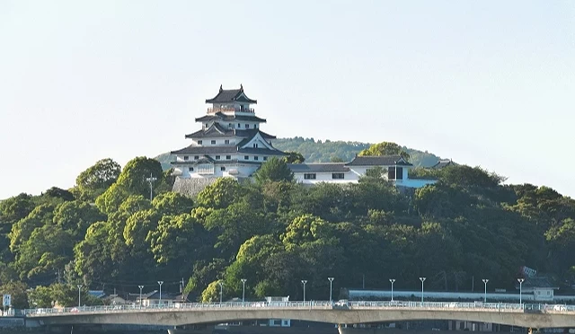 唐津城遠景,城座落在小山上