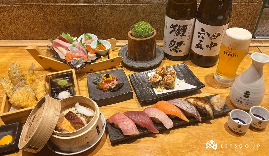 各种寿司、生鱼片、天妇罗与日本酒