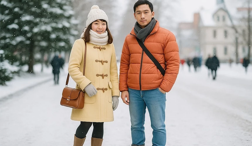 雪地里身穿御寒衣物的一男一女