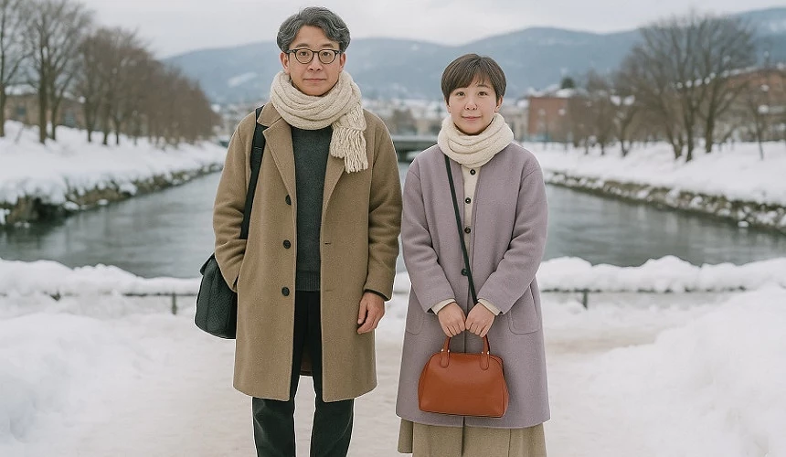 雪地里身穿御寒衣物的一男一女