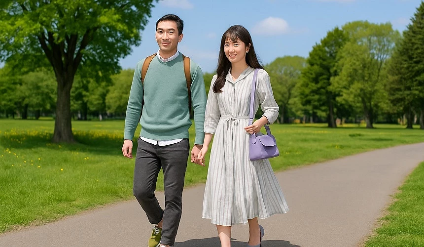 春季穿着薄长袖的一男一女
