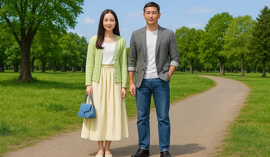 春季穿着薄长袖的一男一女