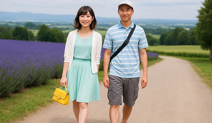 夏季穿着轻便的一男一女