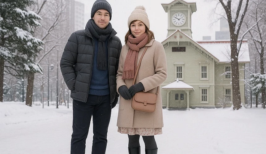 雪地里穿着御寒衣物的一男一女