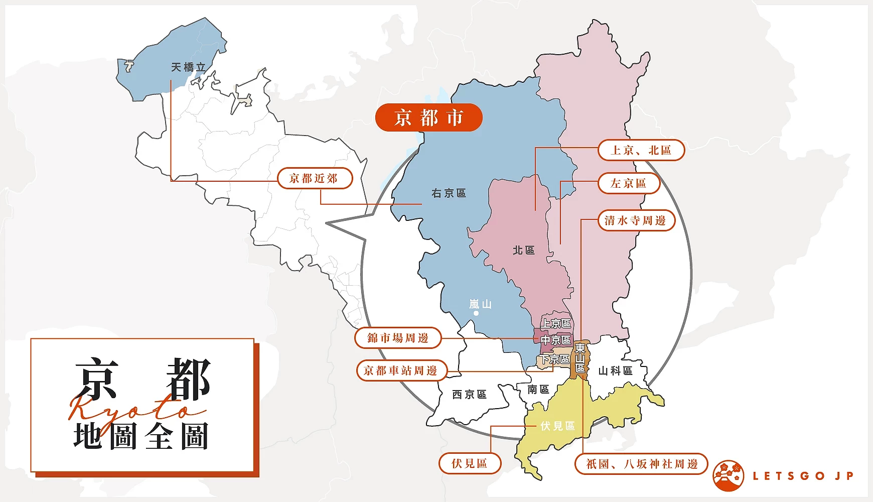标记了包含京都近郊、主要地点的京都地图