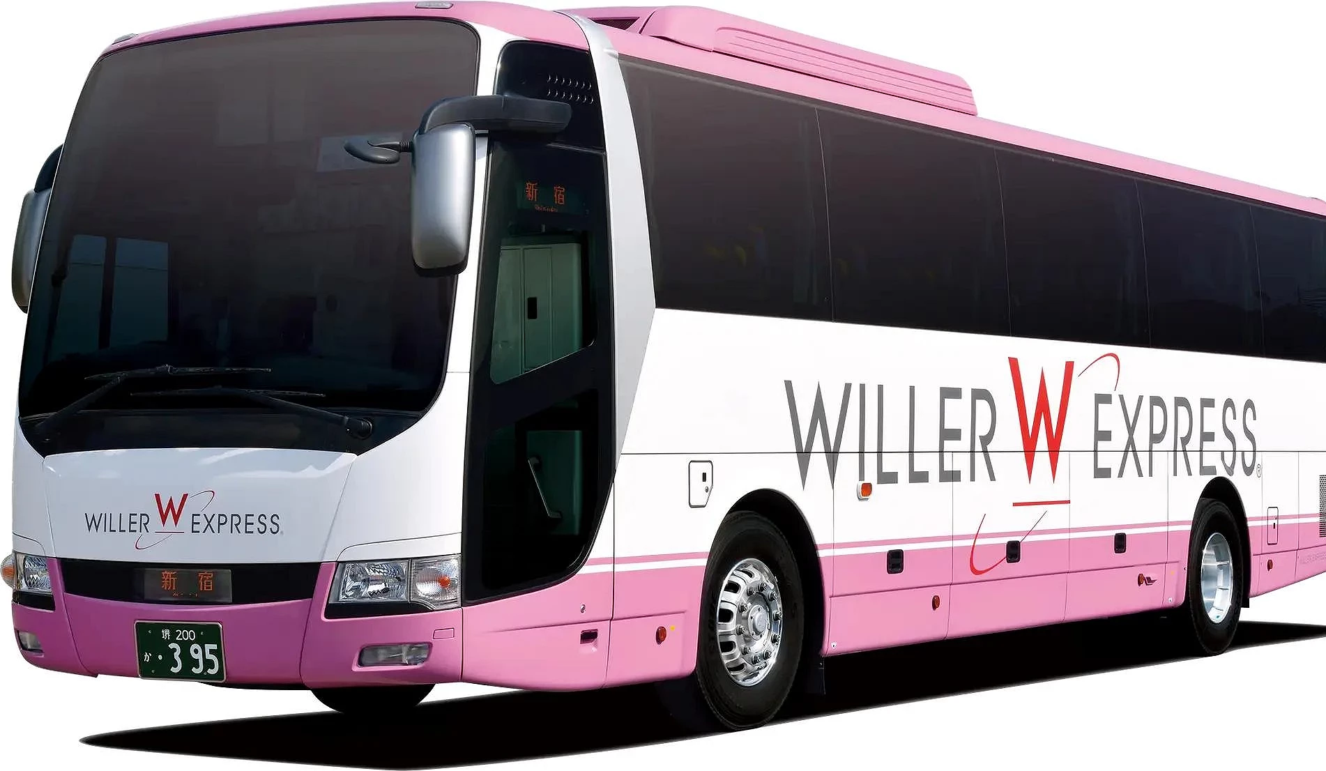 粉白色车身的WILLER EXPRESS高速巴士,车头显示目的地为新宿