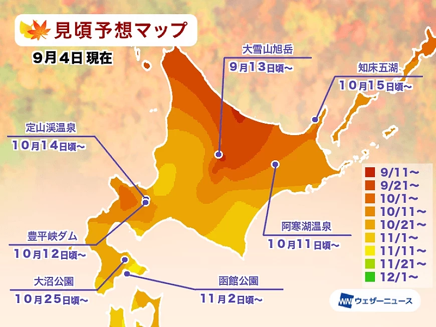 北海道赏枫地区时间预测图