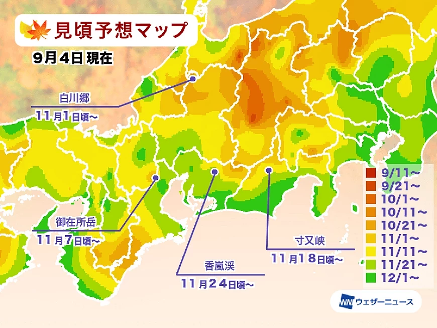 中部地区赏枫时间预测图