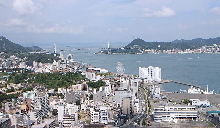 港灣城市高空景觀,可見跨海大橋與摩天輪