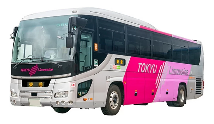 粉白色车身的东急LIMOUSINE巴士,侧面标示TOKYU Limousine字样