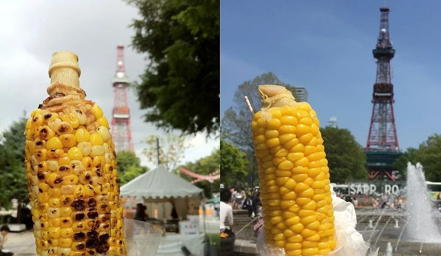 札幌大通公园前拿着烤玉米与水煮玉米,背景可见札幌电视塔,是旅客拍照与享受北海道夏日风情的代表画面