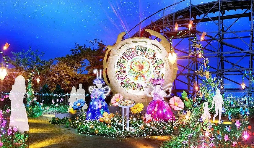 夜色中綻放光芒的花園燈飾,以彩色花朵與玻璃花窗為主題,周圍點綴閃耀光粒與花形燈飾