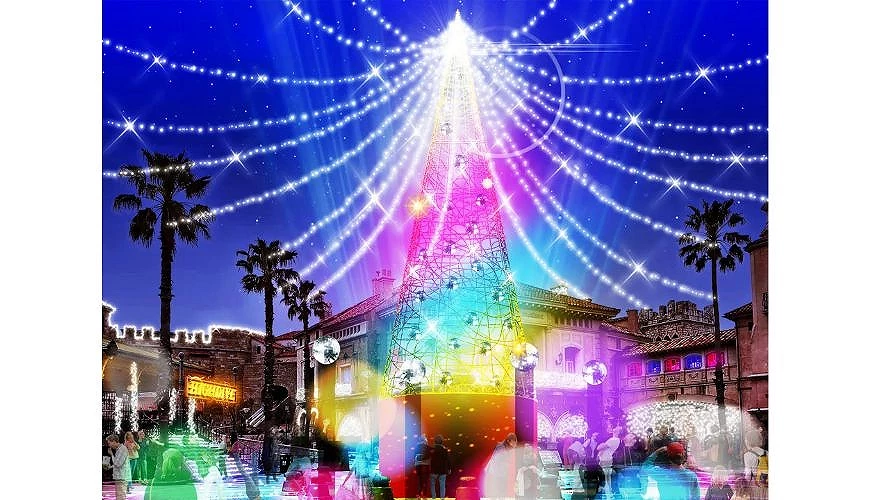 聖誕節燈飾主舞台,巨大彩色聖誕樹與閃耀光帶延伸至夜空,周圍人群欣賞燈光秀的熱鬧場景