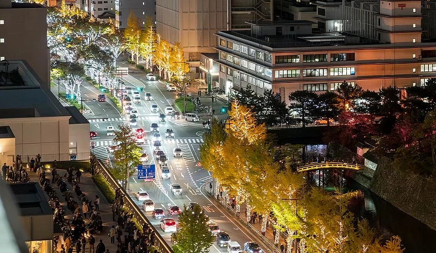 從高樓俯瞰城市夜景,街道兩側的銀杏樹與燈飾閃爍,車流穿梭其中
