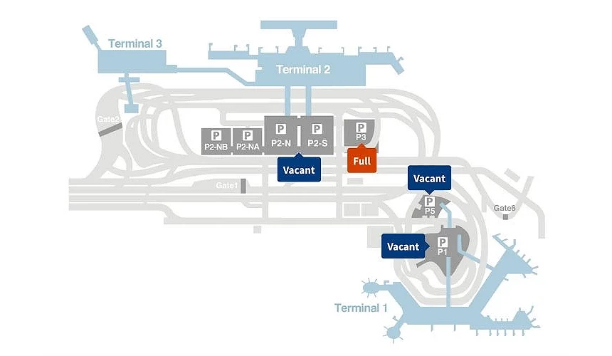 成田机场停车场分布示意图,标示第一航厦的 P-1、P-5 及第二航厦的 P-2、P-3 停车场位置,第三航厦旅客可使用第二航厦停车场并步行或搭接驳巴士前往