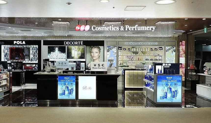 成田机场第三航厦内的Fa-So-La Cosmetics & Perfumery免税店,陈列POLA、DECORTÉ与Jo Malone London等化妆品与香水品牌的柜位