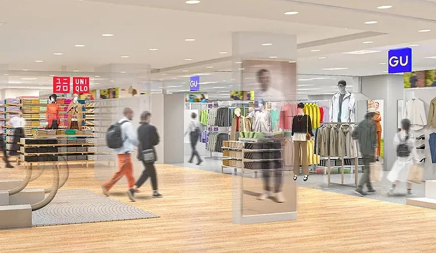 札幌东急百货店7楼的UNIQLO与GU旗舰店区,明亮开放的空间中陈列各式时尚服饰