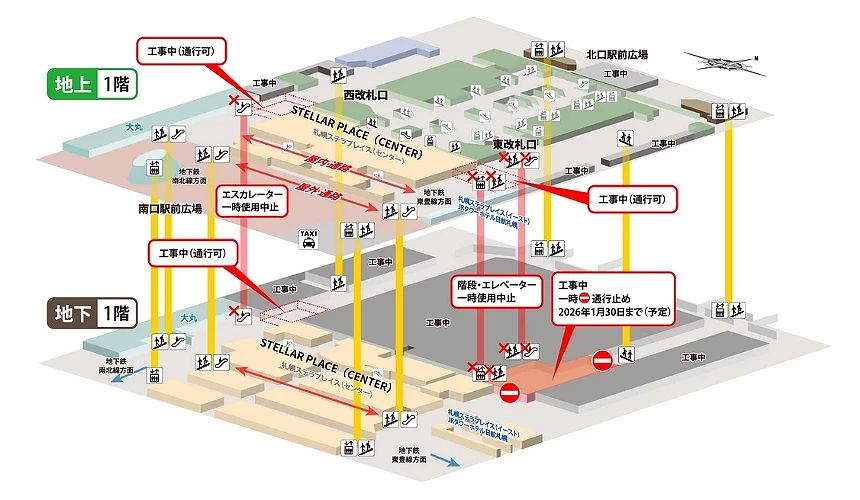 札幌车站馆内立体动线图,标示地上与地下楼层的施工范围、临时通道及暂停使用的电梯与手扶梯位置,显示工程期间可通行区域与改道路线