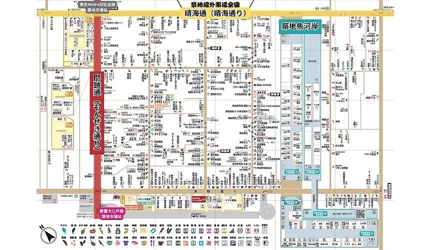 東京築地場外市場地圖,標示主要街區如『門跡通(もんぜき通り)』與『晴海通(晴海通り)』,顯示各餐廳、食材店與築地魚河岸位置